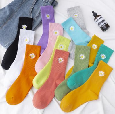 China Wholesale Daisy Embroidery Cutsom Logo Cotton Women's Solid Color Candy Tube Socks QUICK DRY Long Socks for sale