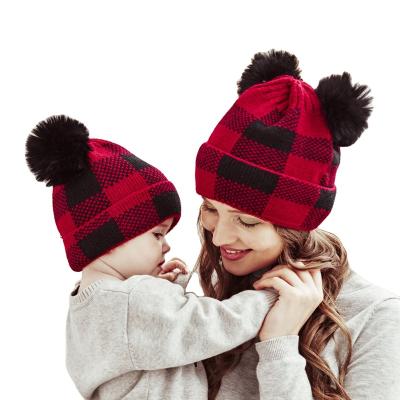 China COMMON COMMON Mother and Baby Beanie Hats Santa Hat Single Ball Acrylic Christmas Plaid Family Autumn And Winter New Parent-Child for sale