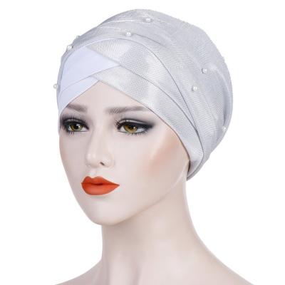 China 2022 Multifunctional Muslim Women Stretch Pearl Polyester Turban Fashion Beaded Hijab Headscarf For Women for sale