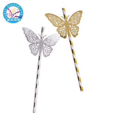 China All 2019 Festival Stripe Drinking Straw Foil Gold Sliver Butterfly Paper Straw For Baby Shower Birthday Wedding Party Event Supplies for sale