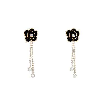 China Vintage S925 Silver Needle Earrings With Imitation Pearl Tassel Earrings Rose White Black Earrings 2022 For Women Party Trendy Gift for sale