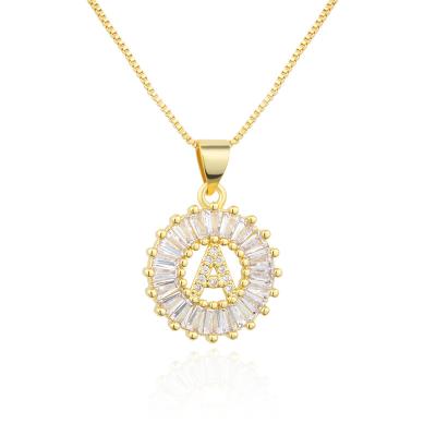 China 2022 Vintage Fashion Round Zircon Copper Letter A-Z Necklace Pendant Necklace Gold Plated Chain Necklace For Women Party Or Wedding for sale