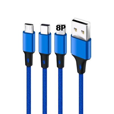 China Durable Nylon Braided Fast Phone Cable Charging Nylon Braided 3 in 1 USB Cable Mobile Phone Charger Charging Cable for sale