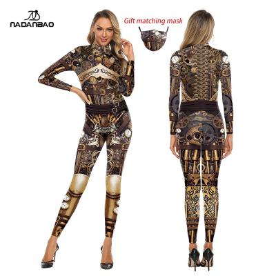 China NADANBAO Cool Overalls Set Women Tight Slim Rompers Gold Metal Machinery Printed Casual Cosplay Costume Fancy Dress Gaiters and Tops for sale