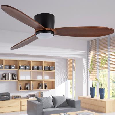 China Contemporary Forward and Reverse Matte Black 52 Inches Pre-Mounted Dark Walnut 3 Blade Flush Mount 110V to 240V DC Wood Sealing Ceiling Fan and Light for sale