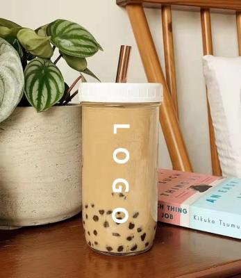 China 16oz 20oz 24oz Reusable Glass Wide Mouth Mason Jar Cups Beverage Tumblers Boba Bubble Tea Cups with Plastic or Metal Lid for sale