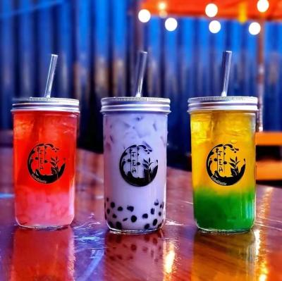 China Beverage 16oz 20oz 24oz Customized Logo Print Reusable Glass Boba Bubble Tea Wide Mouth Mason Jar Cups With Plastic/Metal Lid for sale