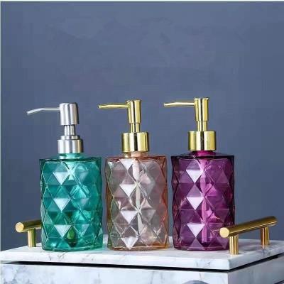 China Premium 400ml Refillable Colorful Glass Bathroom Soap Dispenser Liquid Soap Clear Dispenser Foaming Glass Bottle With Pump for sale