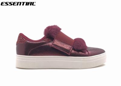 China Slip on Burgundy  ladies Casual sneaker metallic cracked PU and fur platform shoe for sale