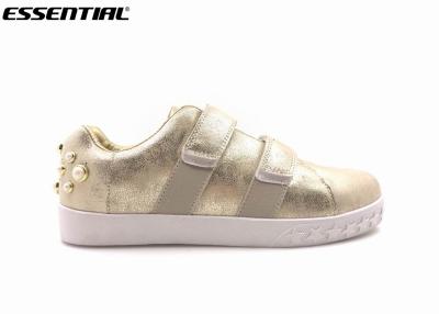 China Luxuary ladies Casual Shoes Pearled heel velcros Gold metallic PU for sale