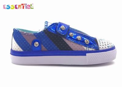 China Blue Girls Slip On Sneakers Diamond Patent PU And Strip Printed Fabric for sale