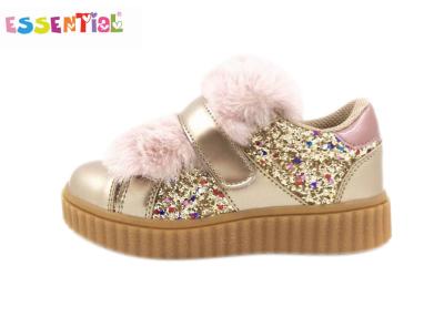 China Velcro Youth Casual Shoes / Kids Wear Shoes Glitter And Gold PU With Fur for sale