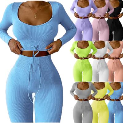 China 2022 Yoga Breathable Wear Crop Tank Top Ribbed Panty Two Piece Bra Suit Yoga Legging Set Solid Color Sports Knitted Ribbed Yoga Set for sale