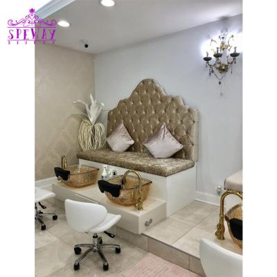 China Elegant spa pedicure salon velvet double seaters pedciure chairs luxury yellow spa equipment pedicure with crystal sink for sale