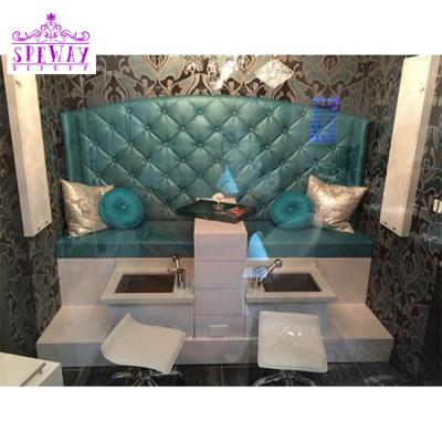 China Blue Luxury Salon Furniture Blue Pedicure Chairs Double Seaters Salon Nail Pedicure Station With Massage for sale