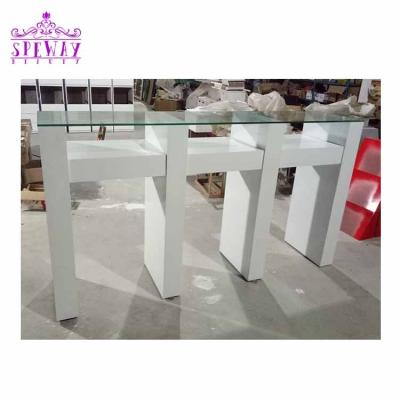 China Decorative Features White Custom Glass Top 3 Seaters Salon Nail Bar Manicure Table With Logo for sale