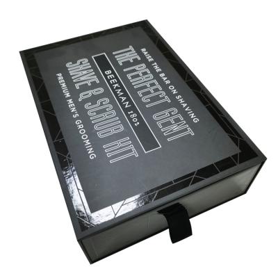 China Materials Single Drawer Recycled Black Soap Paper Box For Packaging Design With Recycled Paper With Tray Shinny Black Flocking Logo for sale