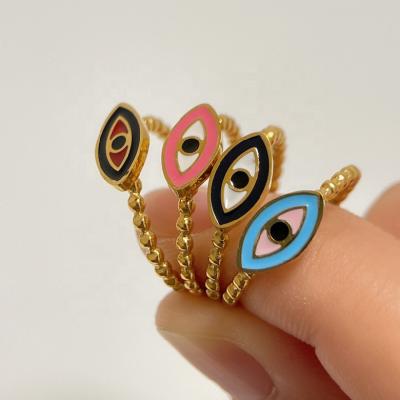 China 2022 TRENDY Hip Hop Jewelry 18K Gold Plated Stainless Steel PVD To Tarnish Enamel Free Colorful Evil Eye Open Adjustable Thin Rings for sale