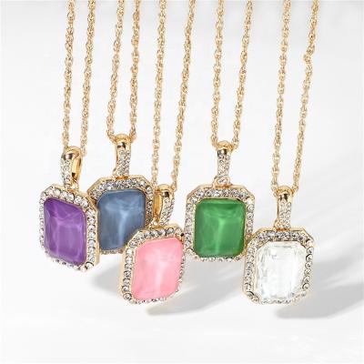 China Fashion/2023 New Arrivals 14k Gold Plated Stainless Steel Square Luxury Colored Cubic Zircon Eco-friendly/Waterproof/Sustainable/Washable Pendant Necklace For Women for sale