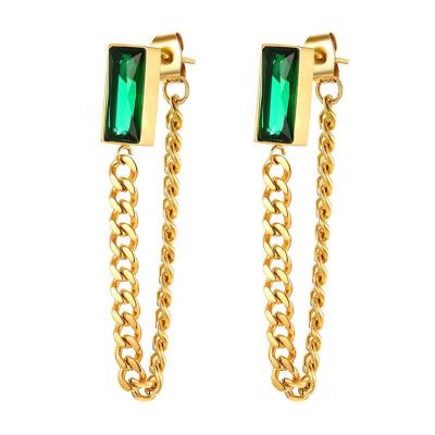 China Vintage New Arrivals Green Zircon Gemstone Accessories Vintage Link Chain Tassel Drop Earring Stud Long Jewelry Women for sale