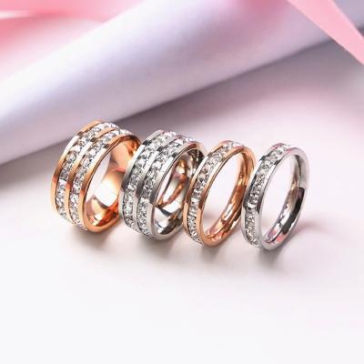 China Hot Sale Men's Environmental Friendly/Lead Free/Nickel Free/Fashion Simple Rings Rose Gold Stainless Steel Full CZ Diamond Double Row Rings For Women Jewelry for sale