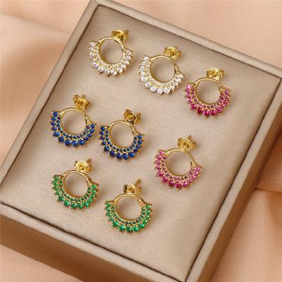 China New Arrival FASHIONABLE Colorful Brass Zircon Green CZ Gemstone Hollow Circle Flower Gold Plated Stud Earring For Women Jewelry for sale