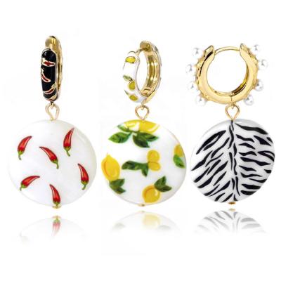 China New Arrivals FASHION Jewelry Printing Fashion Geometry Zebra Pattern Chili Lemon Shell Drop Earrings Enamel Brass Huggie Earring for sale