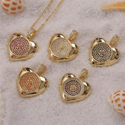 China Full Round 18k Gold Statement Vintage Colorful Cubic Zircon Heart Luxury Brass Plated Bling Necklace Women Pendant Jewelry for sale