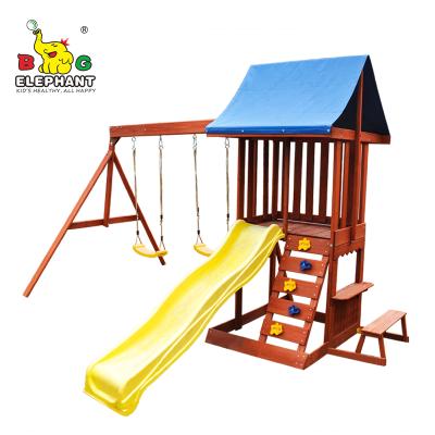 China 2022 Centrums Wood Garden Game Hillside Playground Wooden Swing Set With Plastic Slide for sale