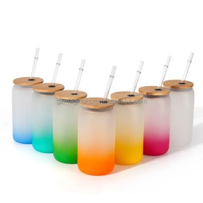 China Sublimation gradient color glass cola unisex glass water bottle frosted soda can back to can glass jar with lid and bamboo straw for sale