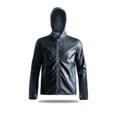 China Men's PU Knit Hood Leather Jacket Waterproof Custom Color For Winter Waterproof Black Leather Jacket With Gray Synthetic Leather Shell for sale