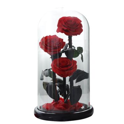 China Hot Sale 3 Fashional Wedding Decorations Heart Shape Indoor Luxury Flowers Large Size Glass Dome Preserved Rose Valentine's Day for sale