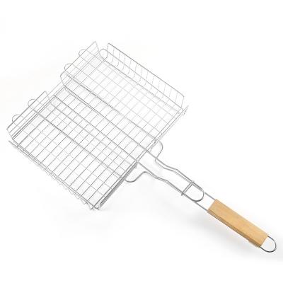 China Easily Cleaned Net Vegetable Barbecue Tools Wood Handle Barbecue Grilling Mesh Basket for sale