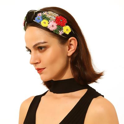 China Fashion Environmental Friendly Flower Padded Crystal Headband Fabric Flower Luxury Crystal Rhinestone Headband Girls Hair Accessories for sale