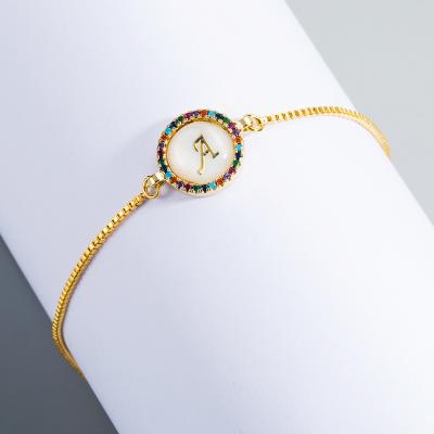 China Fashion Design CLASSIC Gold Plated Multi Color Zircon Micro Pave Circle With Letters Alphabet For Charming Bracelet Adjustable Jewelry for sale