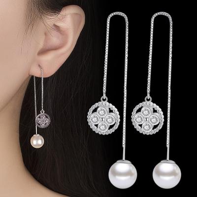 China Zircon Pearl Drop Earring Fashion Environmental Friendly Style Long Double Ear Line Sided Long Hanging Pearl Dangle Earrings in 925 Silver Jewelry for sale