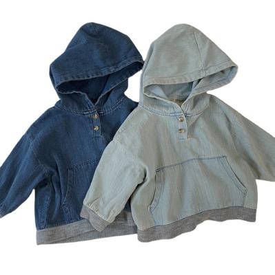 China CSI Sustainable Children's New Korean Autumn Fashion Knitted Big Pocket Denim Top Splicing Hooded Clothing for sale