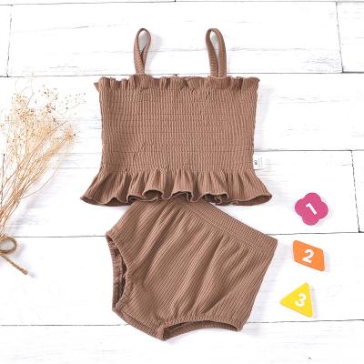 China Casual Popular Canvas Clothes Solid Brown Girls Dress Sets Girls Invest Baby Clothes Two Pieve for sale