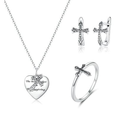 China 2021 Trendy CLASSIC Cross Set Earrings Necklace Rings Thanksgiving Vine Cross Jewelry Set for sale