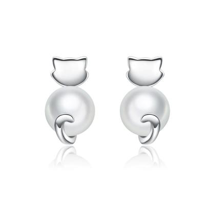 China SCE617 Cat Silver Plated With Pearl CLASSIC Korean Cute Stud Earrings Custom 925 Silver For Girls Women for sale