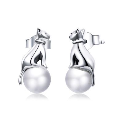 China BOHEMIA Cat Pearl Stud Earrings For Women Fashion Niche Design Sense S925 Sterling Silver Animal Stud Earrings SCE1004 for sale