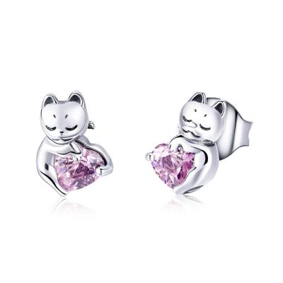 China SCE453 Silvery Fashion Cute Korean Silver With CZ Zircon Stone Heart Cat Stud Earrings Jewelry For Girl Women for sale