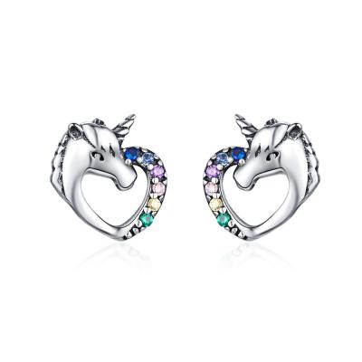 China SCE611 New Design Silver Unicorn Fashion Heart Cubic Zirconia Colorful Sterling 925 Silver Stud Earrings for sale