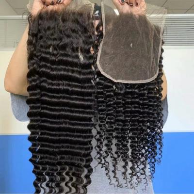 China Good Quality Size Lace Closure 4x4 5x5 6x6 7x7 Deep Wave Human Hair Lace Closures With Pre Plucked Natural Hairline for sale