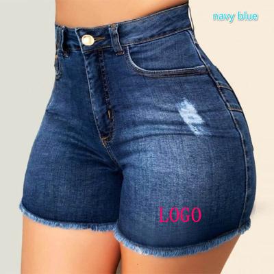 China Custom LOGO New plus size casual plus size jeans fashion high waisted hole stretch ripped denim shorts washed women