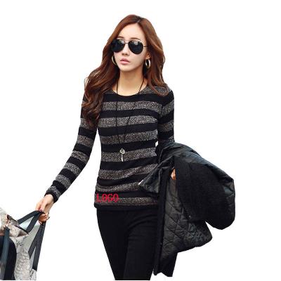 China LOGO New Anti-wrinkle Leisure Fashion Ladies Custom Soft Stripe Long Sleeve Tops Casual Women's T-shirt Knitted Blouse for sale