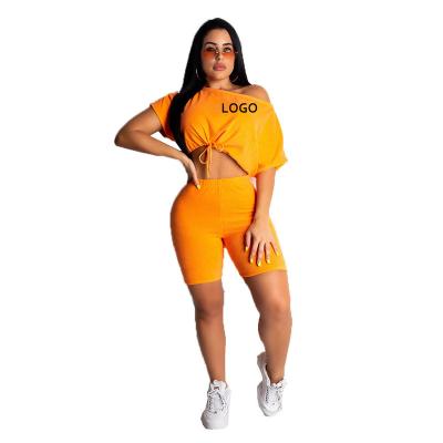 China LOGO Fashion New Design Breathable Custom Tracksuit Sexy Shorts Plus Size Suit Solid Color Shorts Sleeve Shorts Oblique Shoulder Women for sale