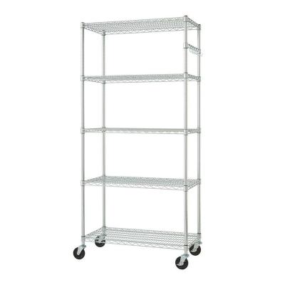 China Multifunctional 5 Row Caster Wheel Chrome Plated Heavy Duty Wire Shelving Wire Shelving Unit Shelves Garage Rack With S Hook Chrome for sale