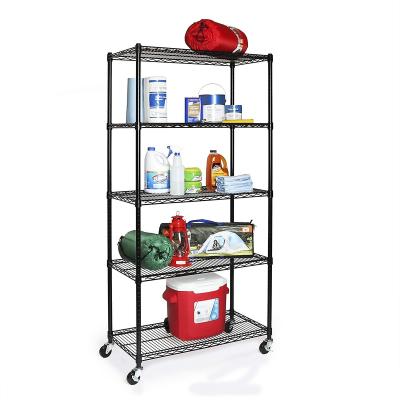 China Multifunctional Kitchen Rack Heavy Duty Organizer, 4 Tires Storage Shelving Kitchen Shelf Unit On Wheel Black Power Coating Wire Shelving Rack for sale