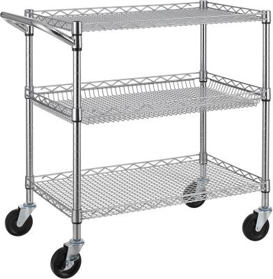 China Universal Commercial Grade Heavy Duty Trolley 990Lbs Capacity 3 Tier Wire Rolling Utility Cart With Wheels Metal Utility Carts With Handle for sale